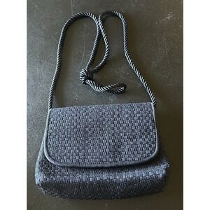 Neiman Marcus Navy Blue Woven Small Cross Body Bag Coastal Beach Quiet Luxury